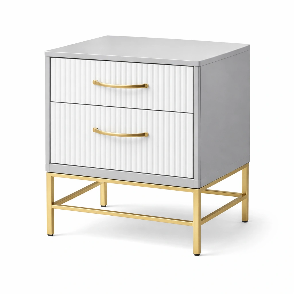 Mesita de noche de MDF gris y blanco con estructura metálica dorada-Furncorner