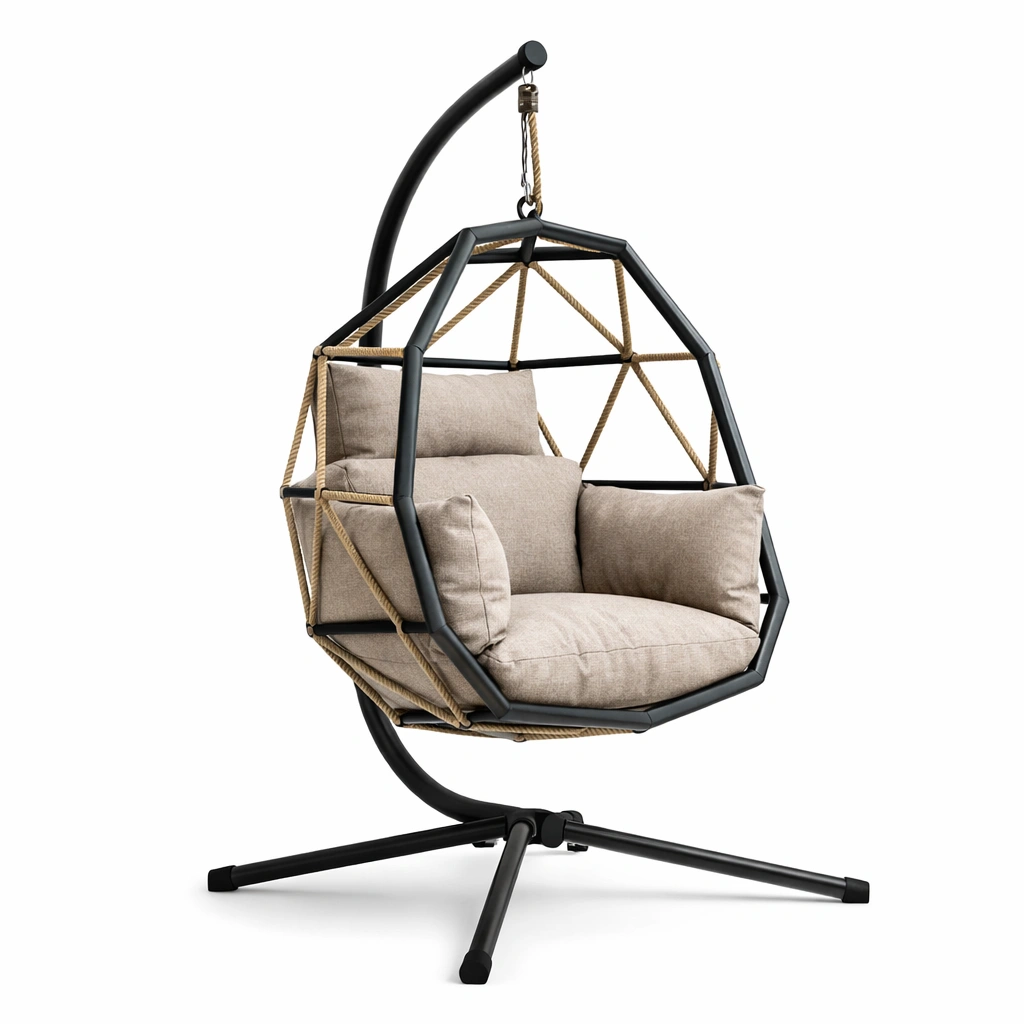 Silla colgante de metal con cojines de lino beige-Furncorner