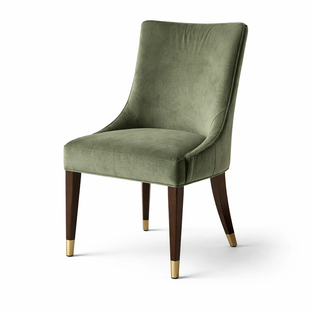 Silla de comedor de terciopelo verde con patas de madera y detalles metálicos-Furncorner