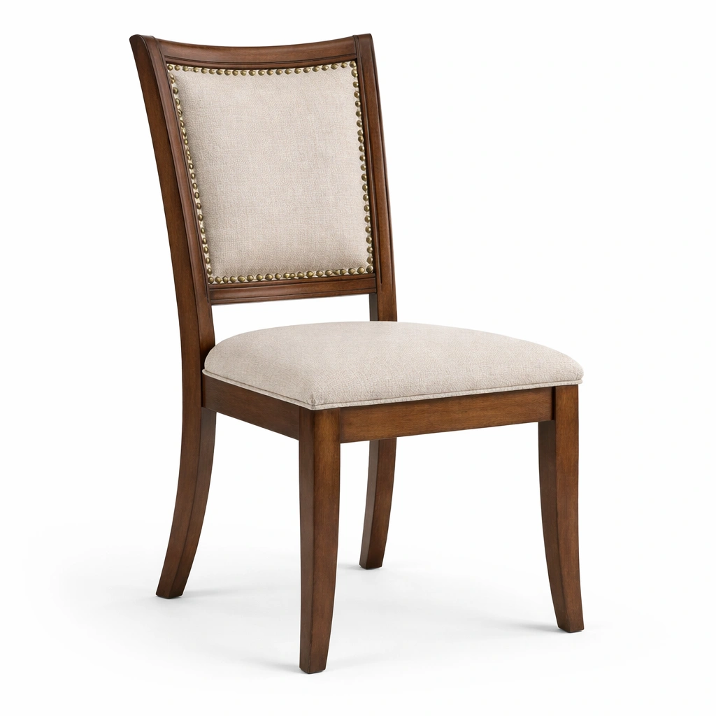 Silla de comedor de madera con tapizado de poliéster beige y detalles metálicos-Furncorner