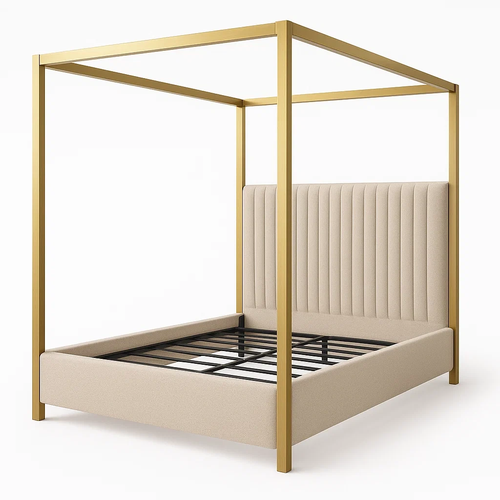 Cama con dosel Estructura de Acero Oro Tapizado en Poliéster Beige 200x160x200 cm-LIVCRAFTO