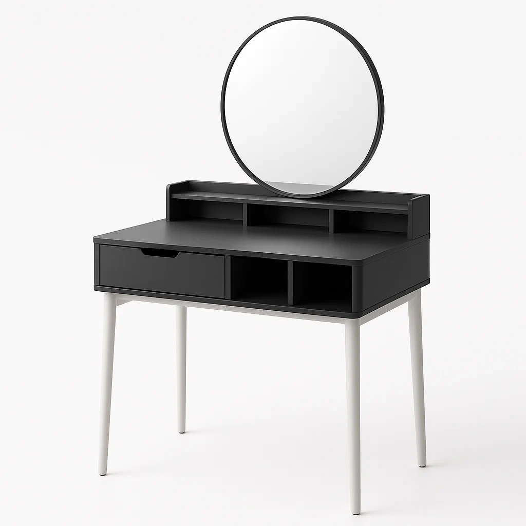 Tocador MDF y Metal Negro con Espejo Redondo 80 cm x 40 cm x 140 cm-LIVCRAFTO