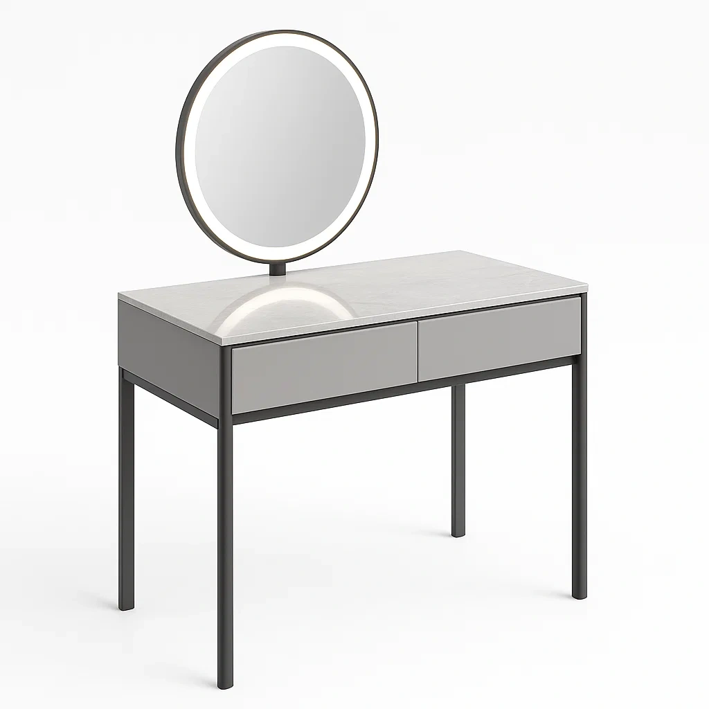 Tocador Metal con Espejo LED y Cajones Madera Gris-LIVCRAFTO