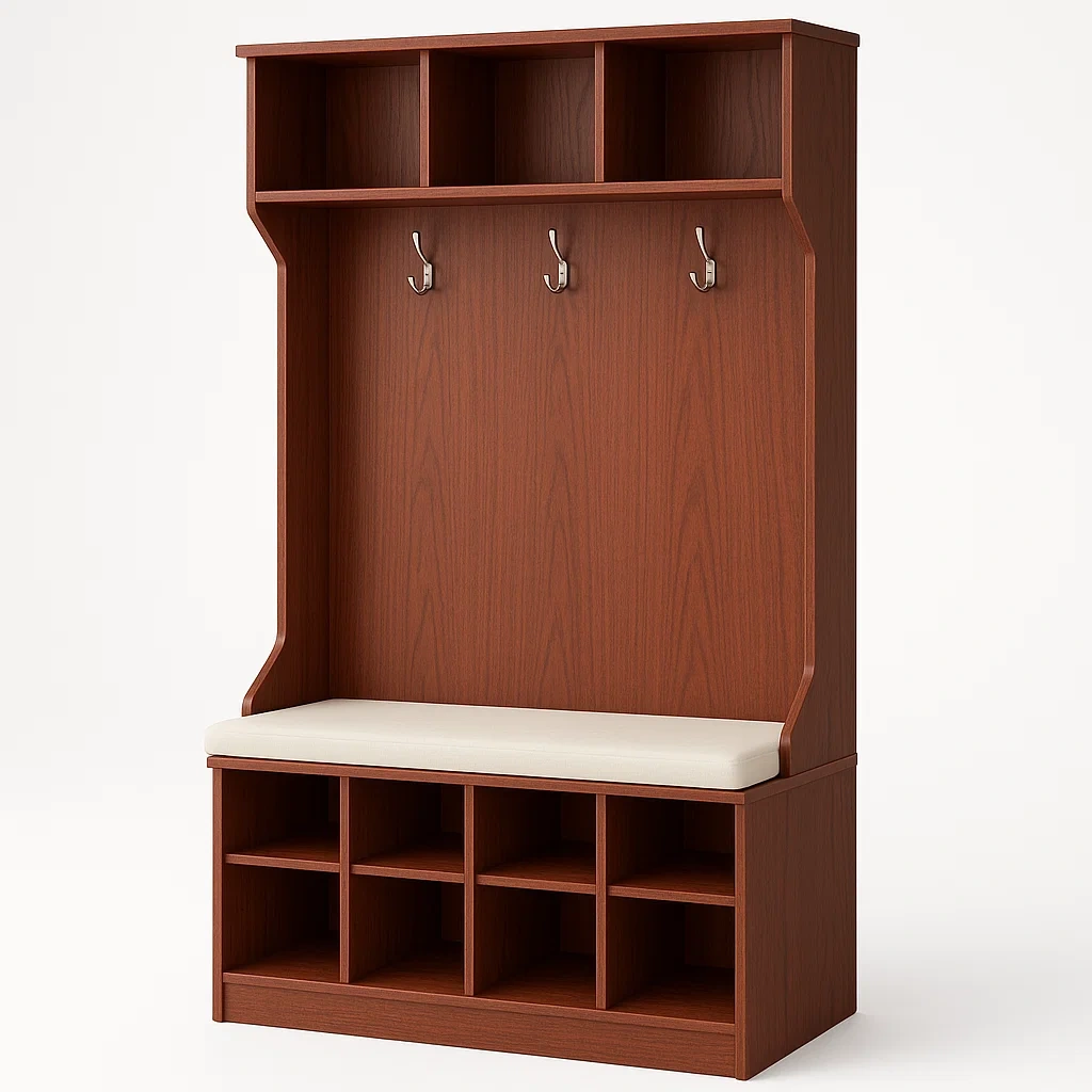 Perchero con banco Madera con Ganchos Metálicos y Compartimentos-LIVCRAFTO