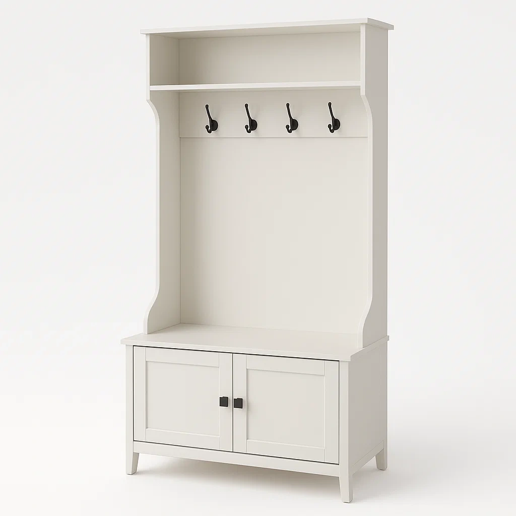 Perchero con banco Madera Blanco con Ganchos y Almacenamiento-LIVCRAFTO