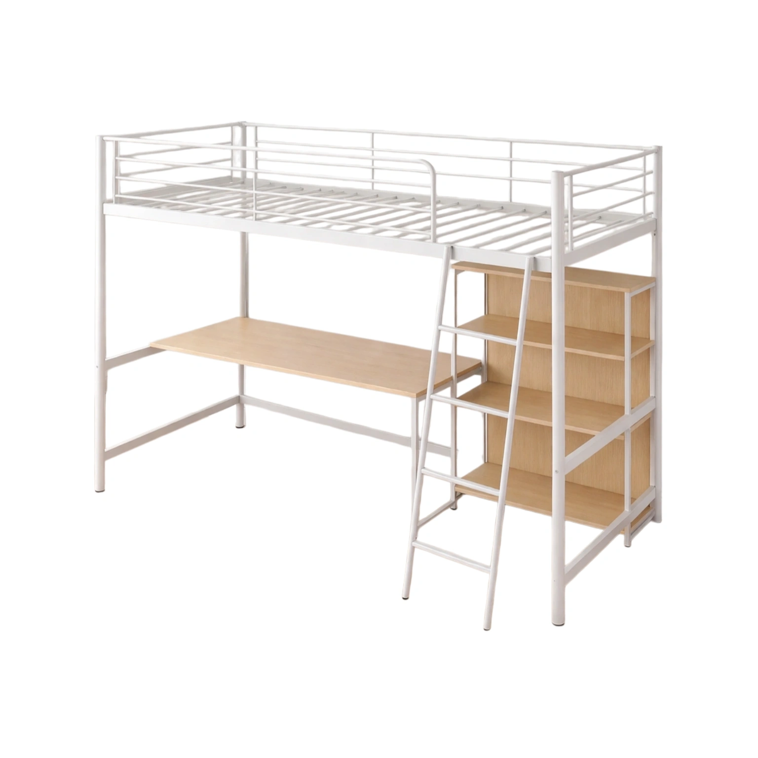 Cama alta Metal Blanco con Escritorio y Estantería MDF-LIVCRAFTO