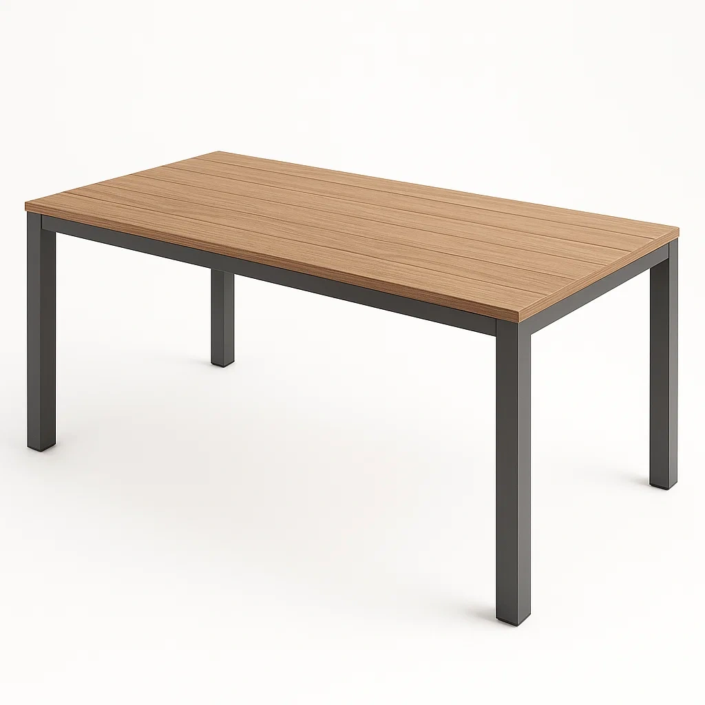 Mesa de comedor rectangular de madera chapada marrón con patas de metal negro 150x90x75 cm-Furnnestle