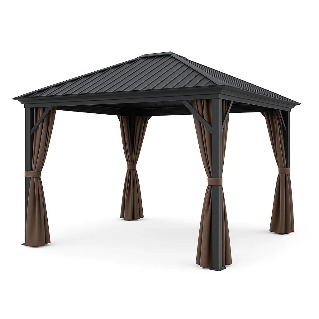 Gazebo de jardín de aluminio negro con cortinas de poliéster marrón 300 cm x 300 cm x 260 cm-Furnnestle