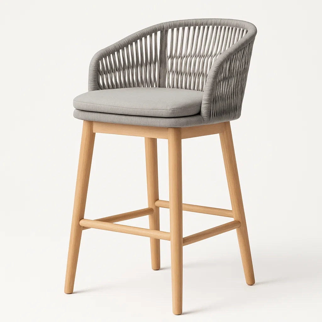 Taburete de bar alto de madera y cuerda sintética gris-Furnnestle