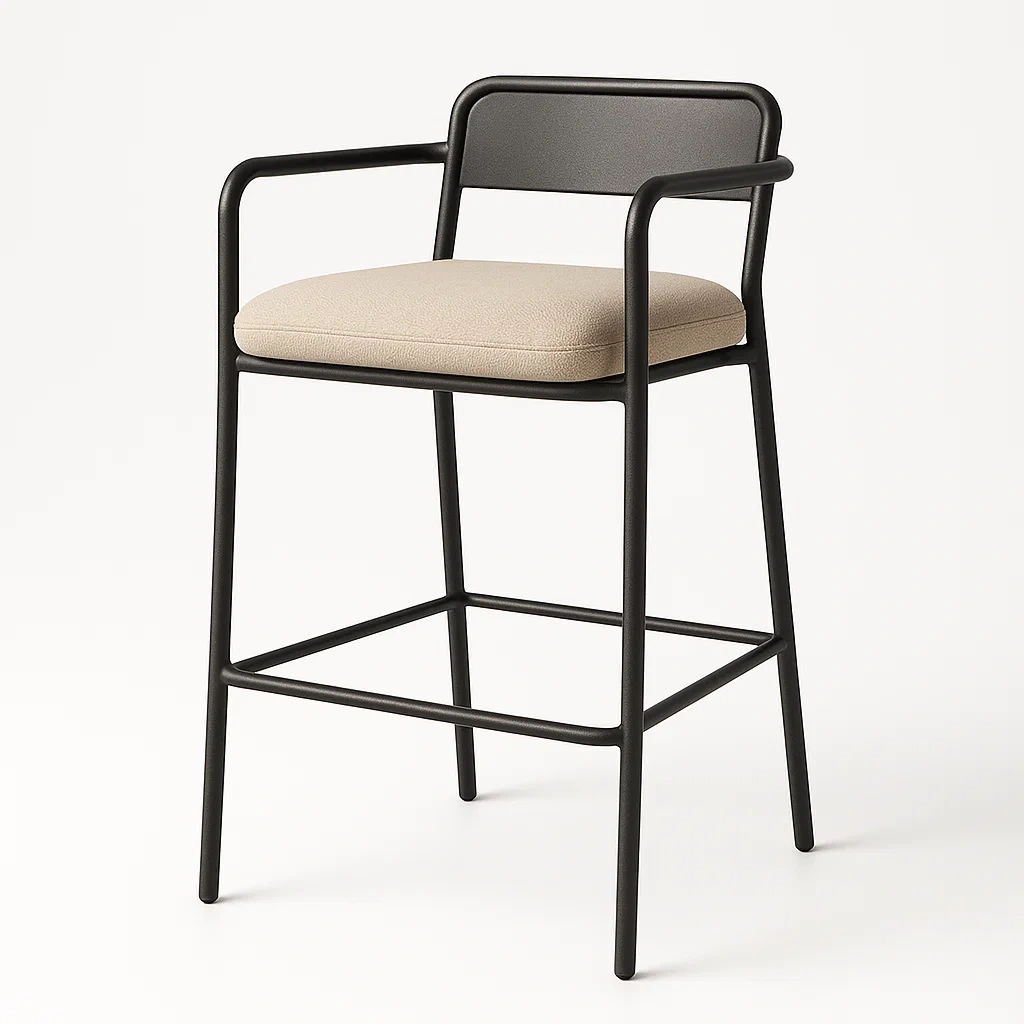 Taburete de bar de acero negro con asiento de poliéster beige y reposabrazos-Furnnestle