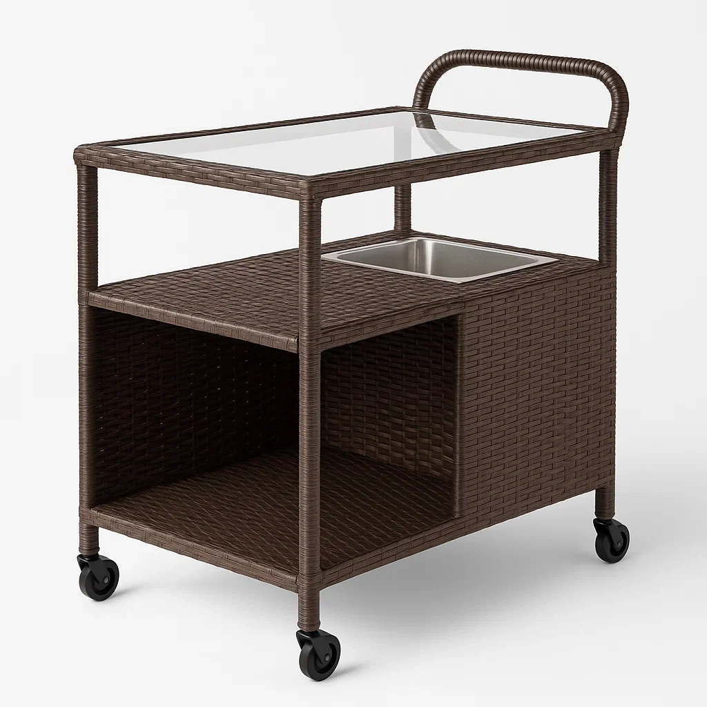 Carrito de ratán sintético marrón con vidrio templado-Furnnestle