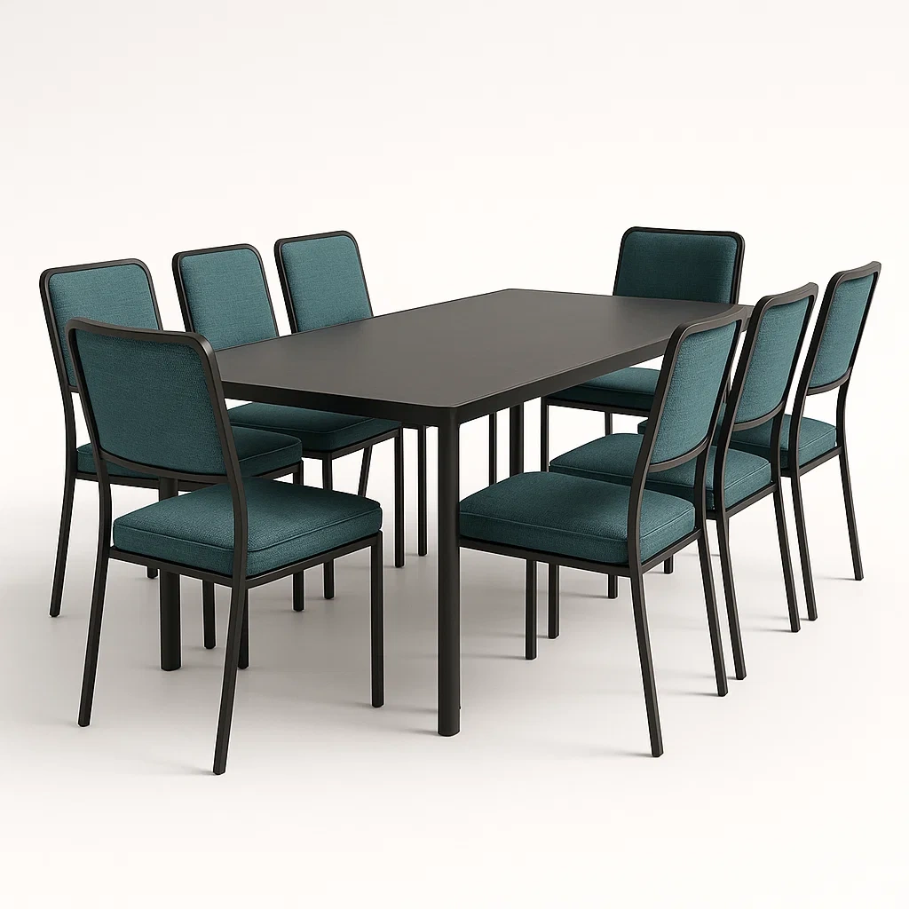 Conjunto de mesa y sillas de comedor rectangular de metal negro y sillas de tela verde-Furnnestle