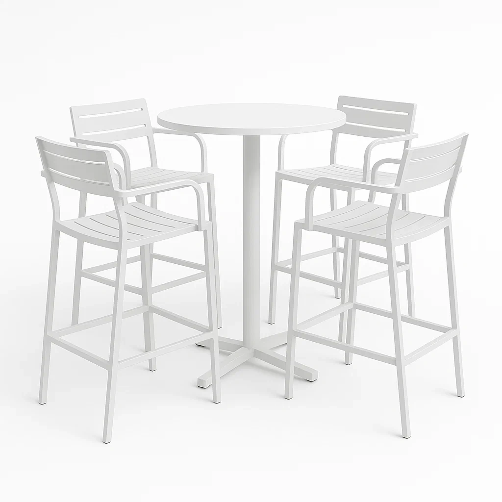 Conjunto de bar con mesa alta redonda y 4 sillas de aluminio blanco-Furnnestle