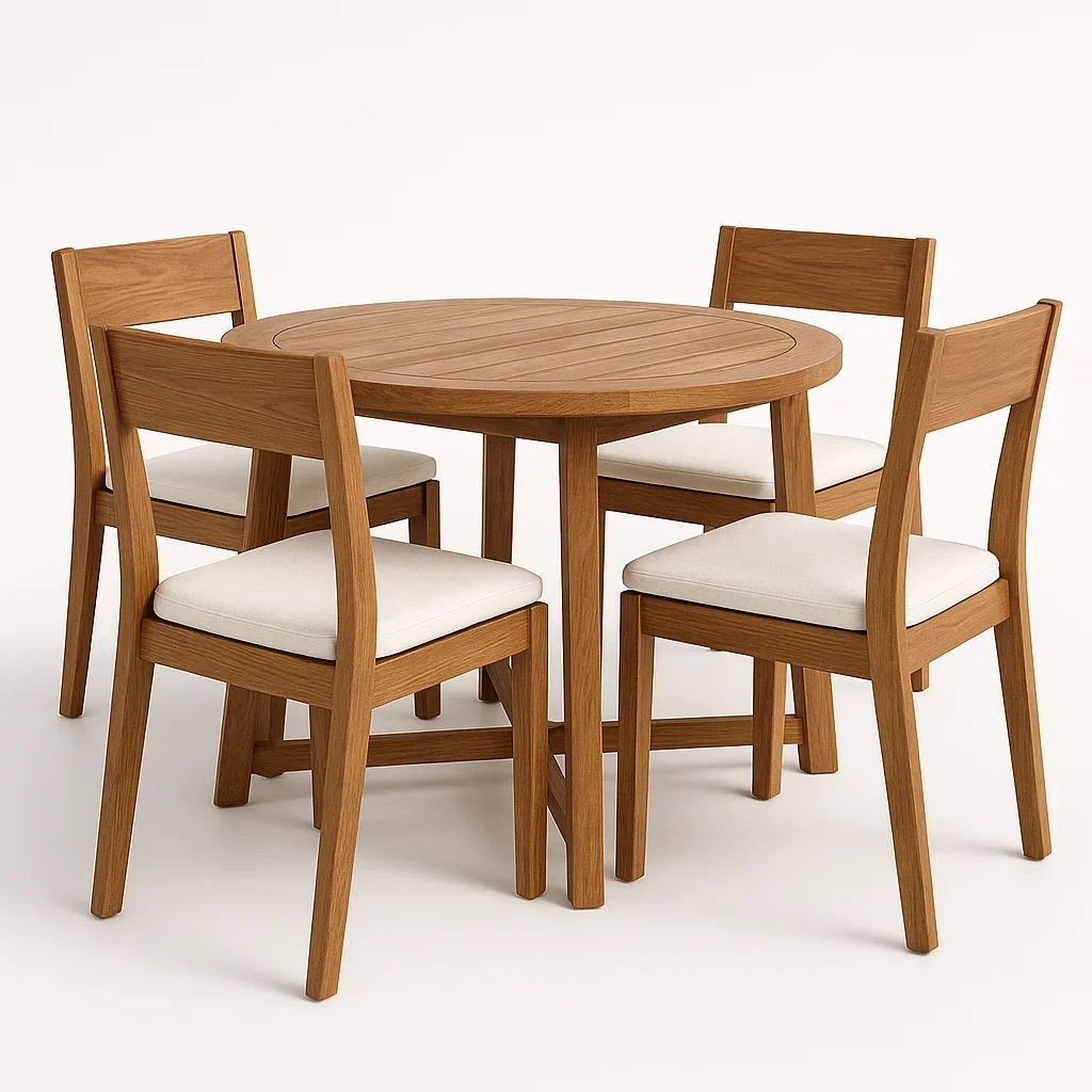 Conjunto de mesa y sillas de comedor de madera redondo con 4 sillas y cojín blanco-Furnnestle