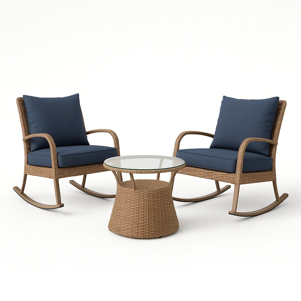 Conjunto de jardín compacto de ratán sintético con cojines azules y mesa de vidrio templado-Furnnestle