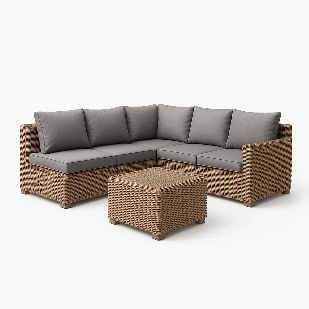 Conjunto de sofá de exterior esquinero de ratán sintético con cojines grises-Furnnestle