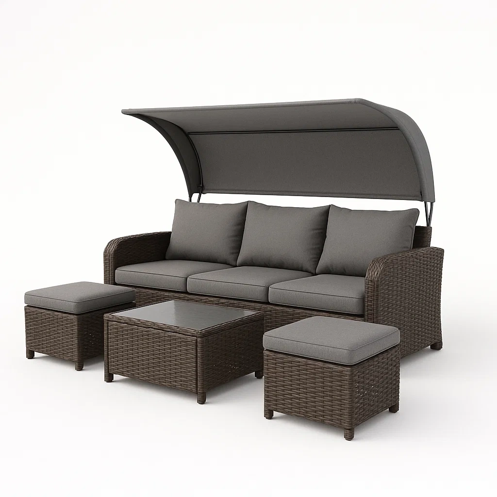 Conjunto de sofá de exterior de mimbre sintético con cojines grises y toldo ajustable-Furnnestle