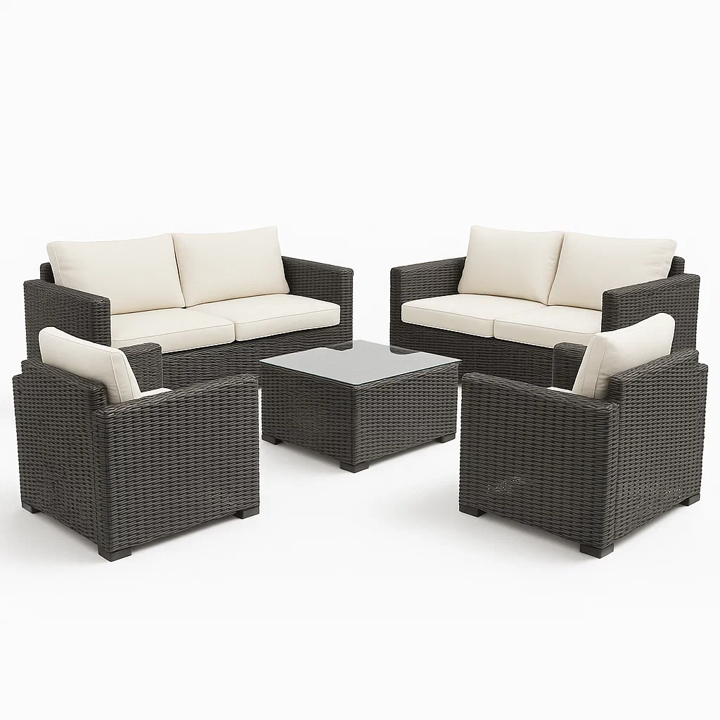 Conjunto de sofá de exterior de ratán sintético negro con cojines crema y mesa de centro-Furnnestle