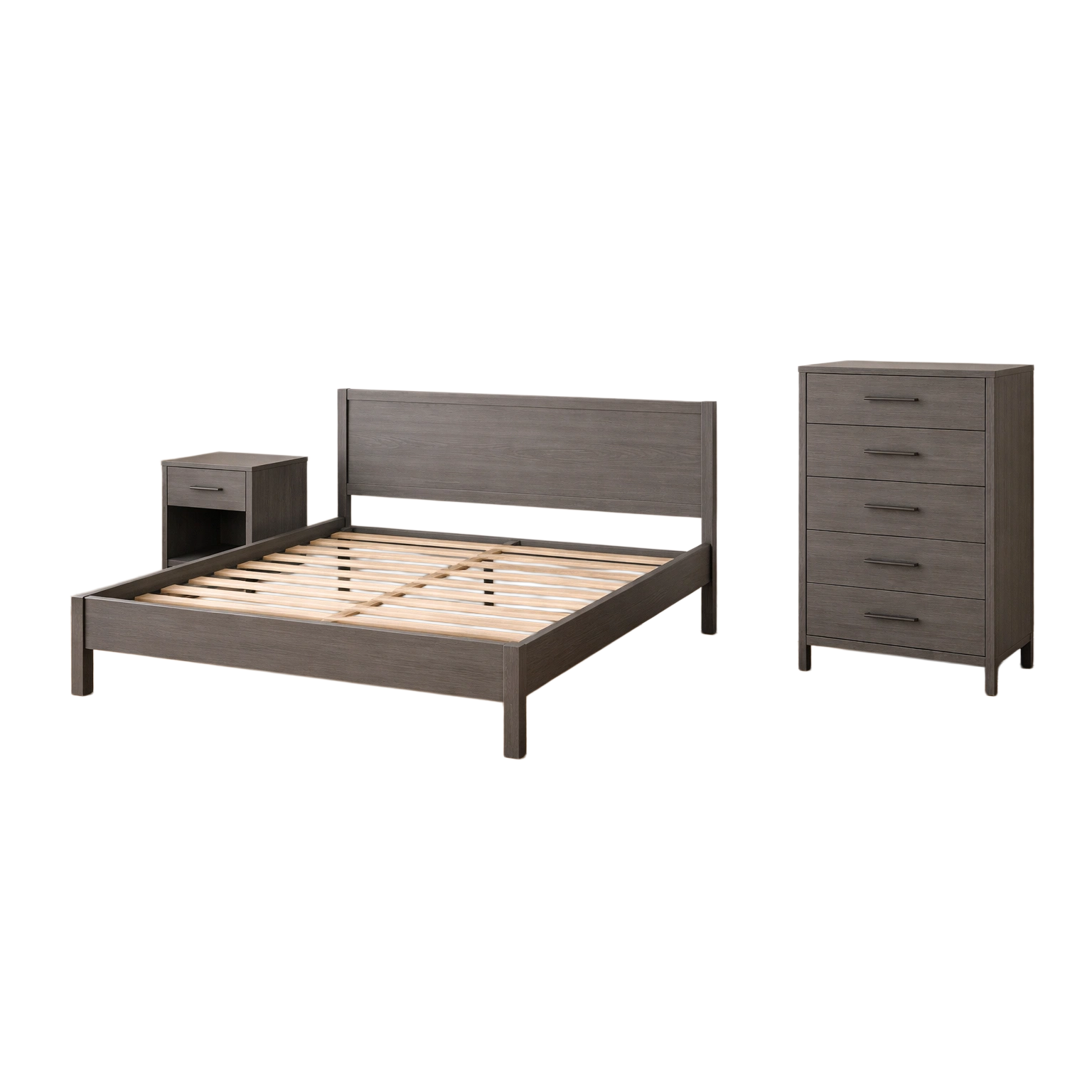 Conjunto de dormitorio Madera Gris con Cama Matrimonial Mesita 1 Cajón y Cómoda 5 Cajones-DWELLSCANDI