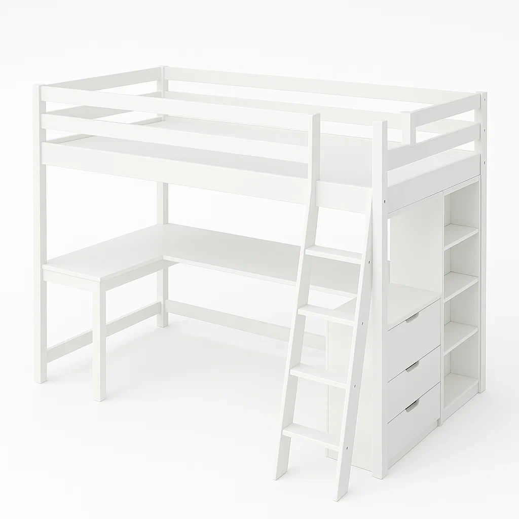 Cama alta Madera MDF Blanca con Escritorio y Estantería-FURNMIX