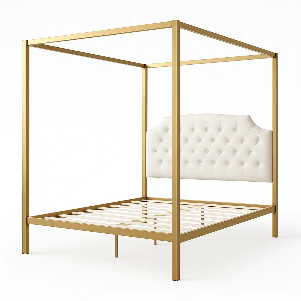 Cama con dosel de Metal con Cabecero Tapizado en Tela Blanca-FURNMIX