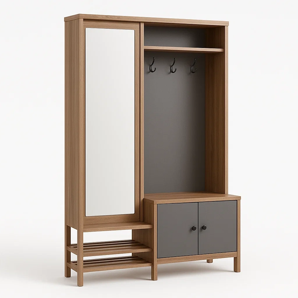 Perchero con banco MDF Gris con Espejo y Puertas-FURNMIX