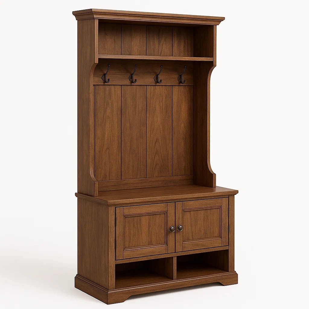 Perchero con banco Madera Marrón con Estantes y Ganchos 80x40x180 cm-FURNMIX