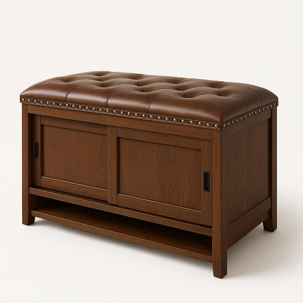 Banco de almacenamiento Madera con Asiento de Cuero Sintético Marrón-FURNMIX