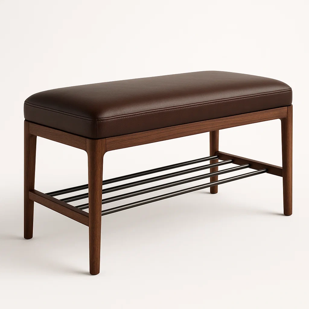 Banco de almacenamiento Cuero Sintético Marrón con Estante de Madera-FURNMIX