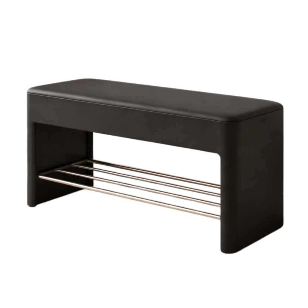 Banco de almacenamiento PU Negro con Estantería de Acero Inoxidable-FURNMIX