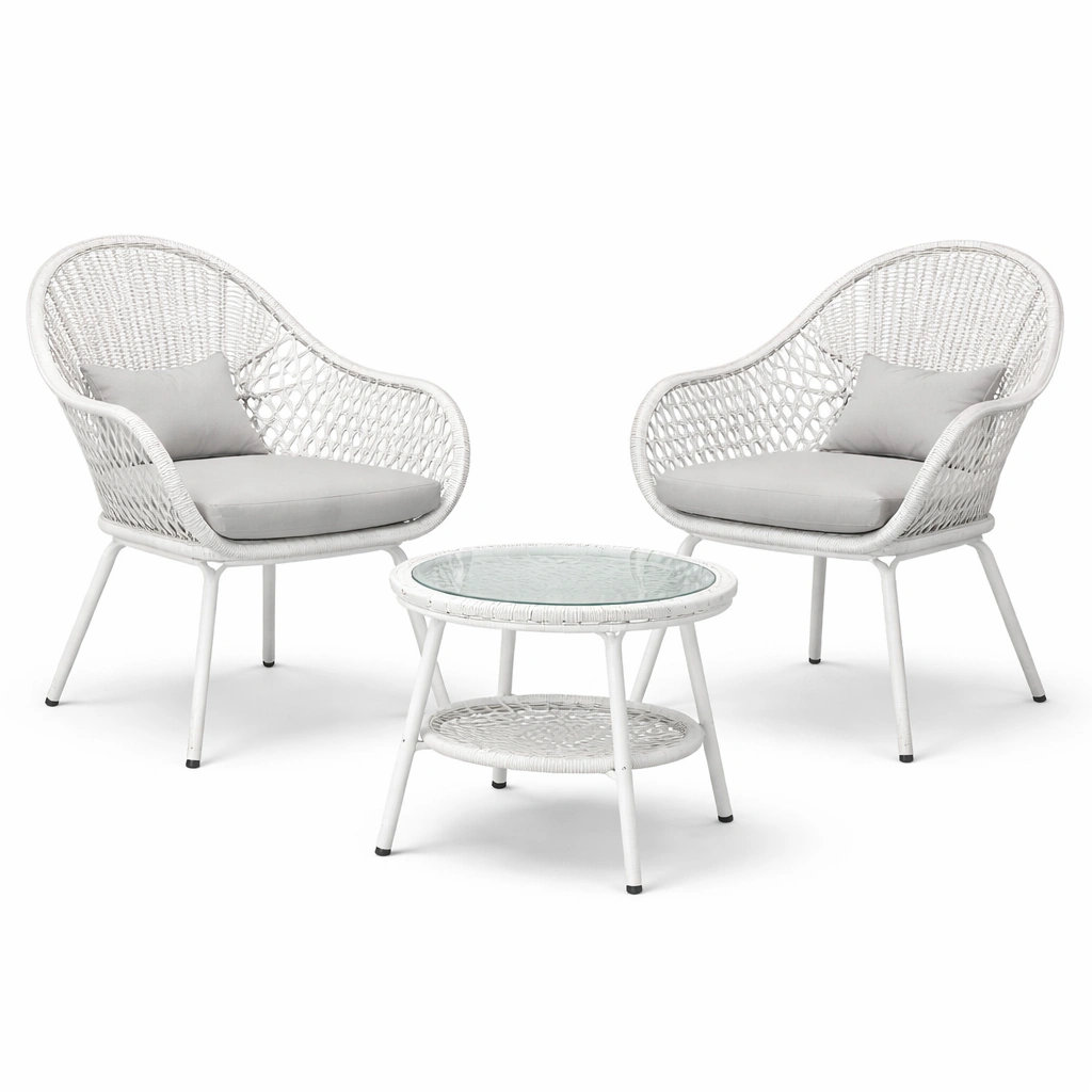 Conjunto de jardín compacto de sillas y mesa de ratán con cojines grises-De Coico