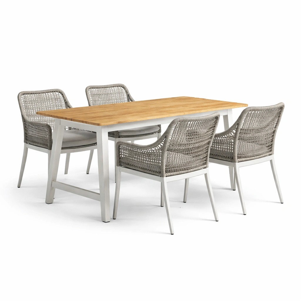 Conjunto de mesa y sillas de comedor exterior con 4 sillas de aluminio y teca-De Coico