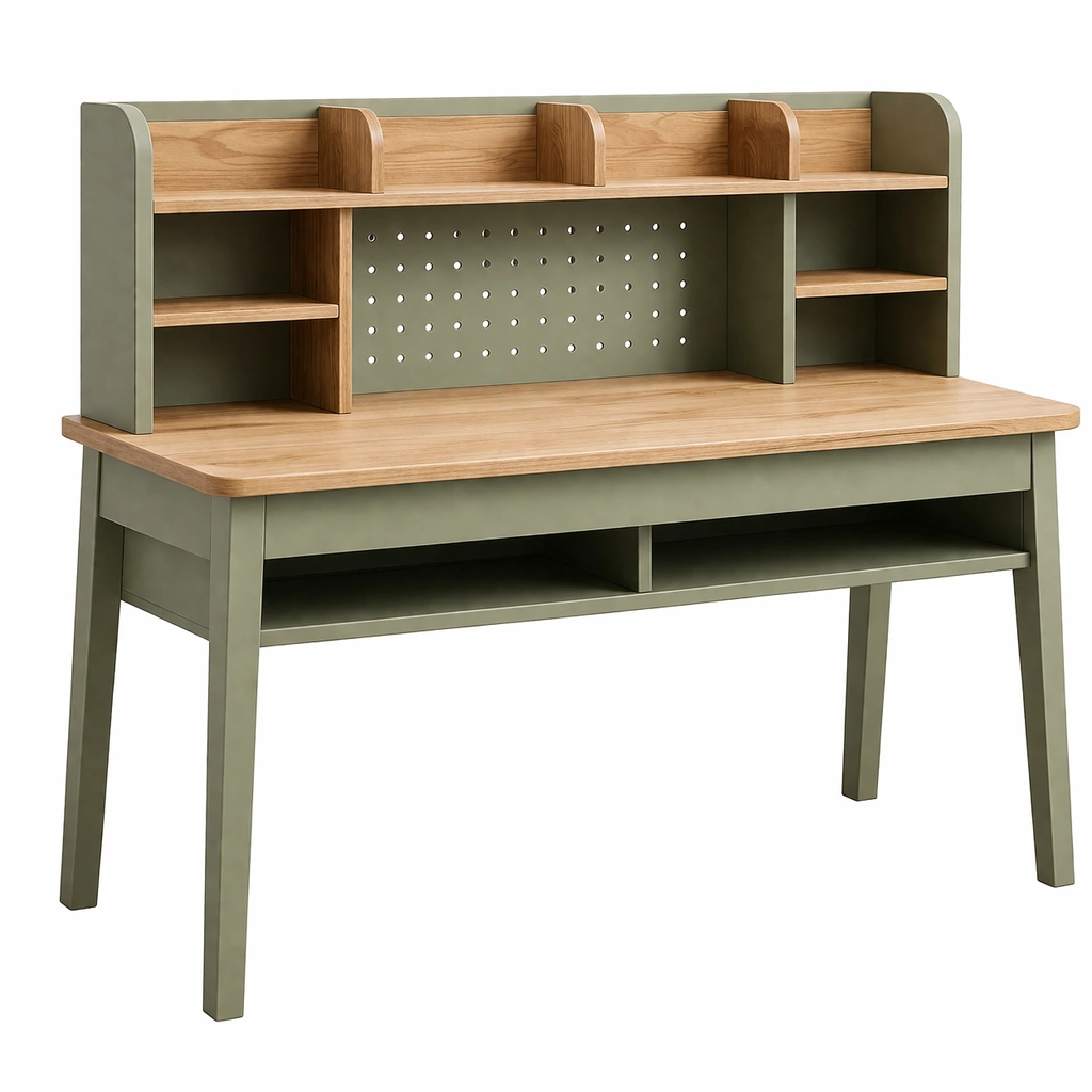 Escritorio de madera con estantes y panel perforado verde roble-De Coico