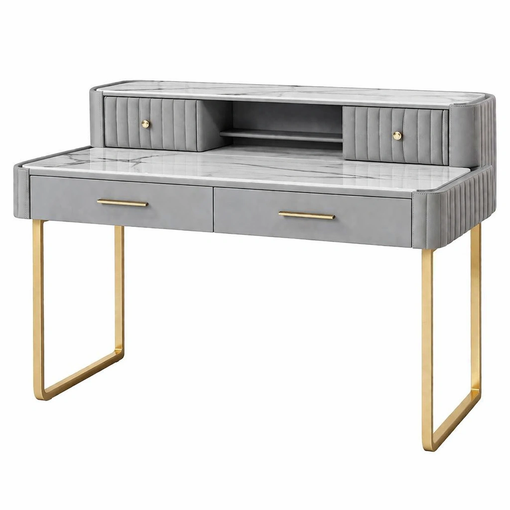 Escritorio de mármol sintético gris y acero con dos gavetas-De Coico