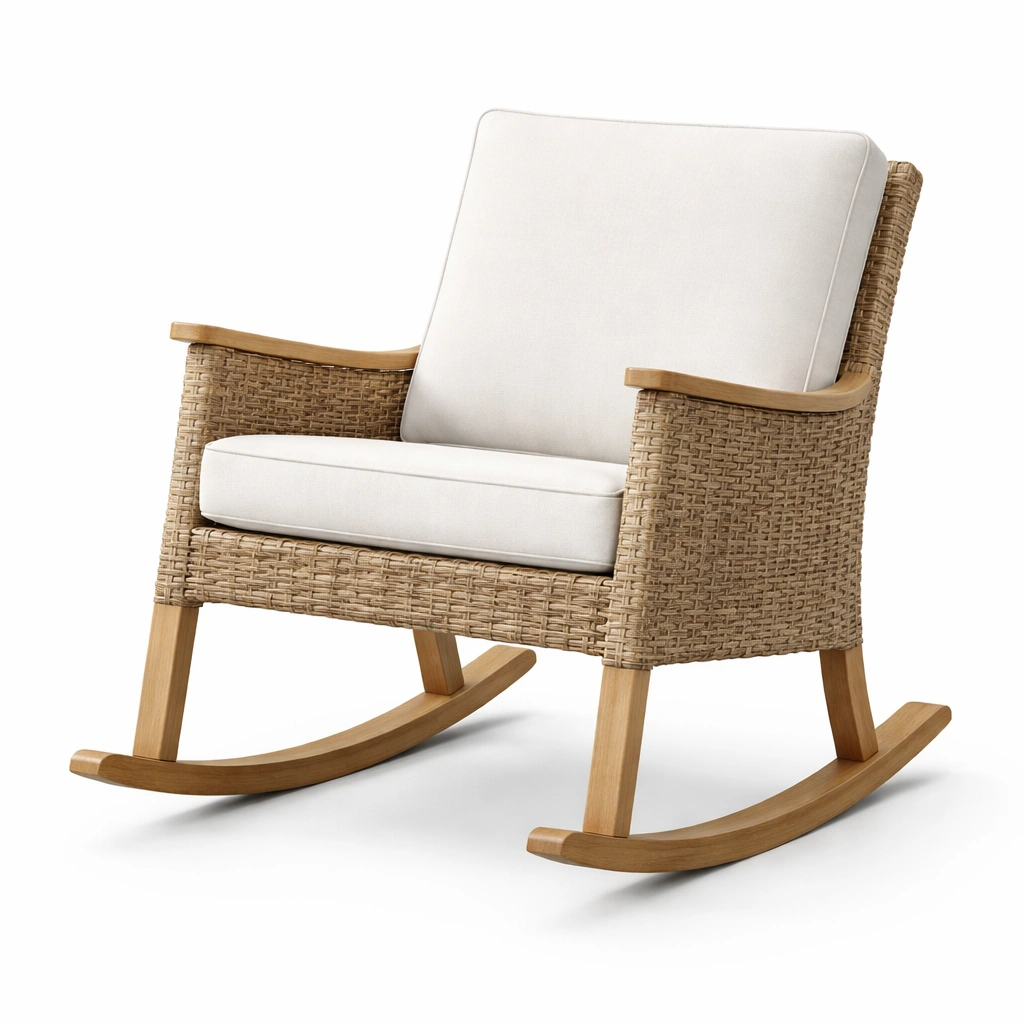 Mecedora de ratán y madera con cojines crema-De Coico