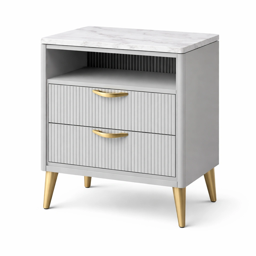 Mesita de noche de MDF gris con detalles dorados y encimera de mármol-De Coico