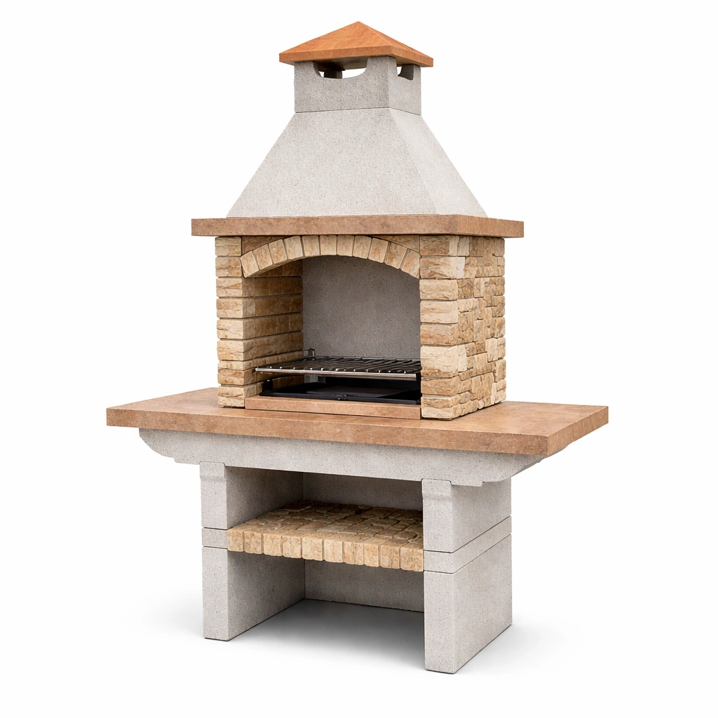 Barbacoa de hormigón y ladrillo refractario para exterior con chimenea-De Coico