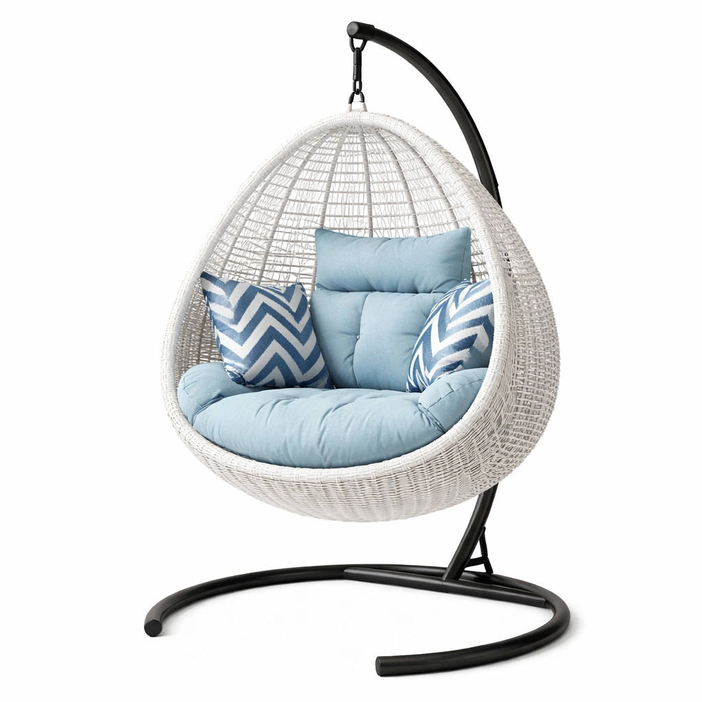 Silla colgante de ratán sintético con cojines azul y base de acero negra-De Coico