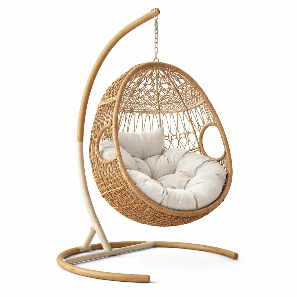 Silla colgante de ratán y acero con cojín de algodón-De Coico