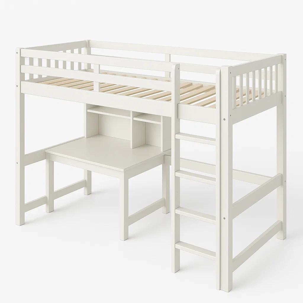 Cama alta Madera Blanca con Escritorio Integrado-Homcrafty