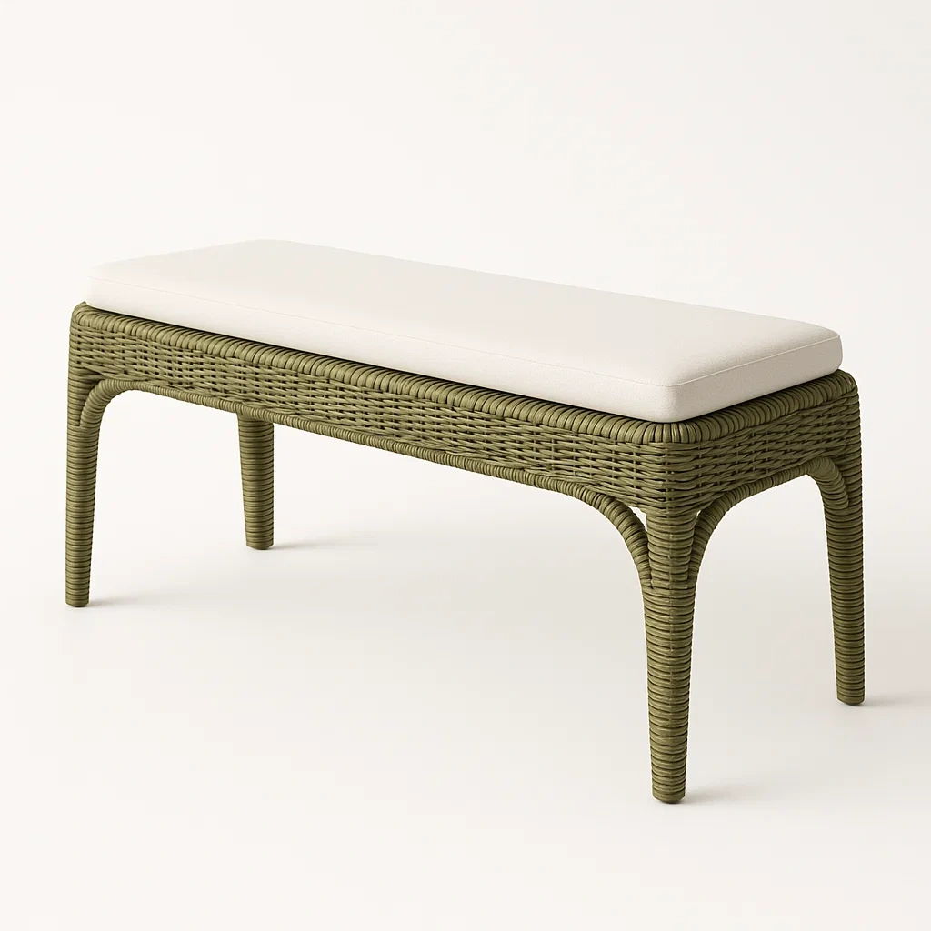 Banco Ratán Sintético Verde con Cojín de Poliéster Beige-Homcrafty