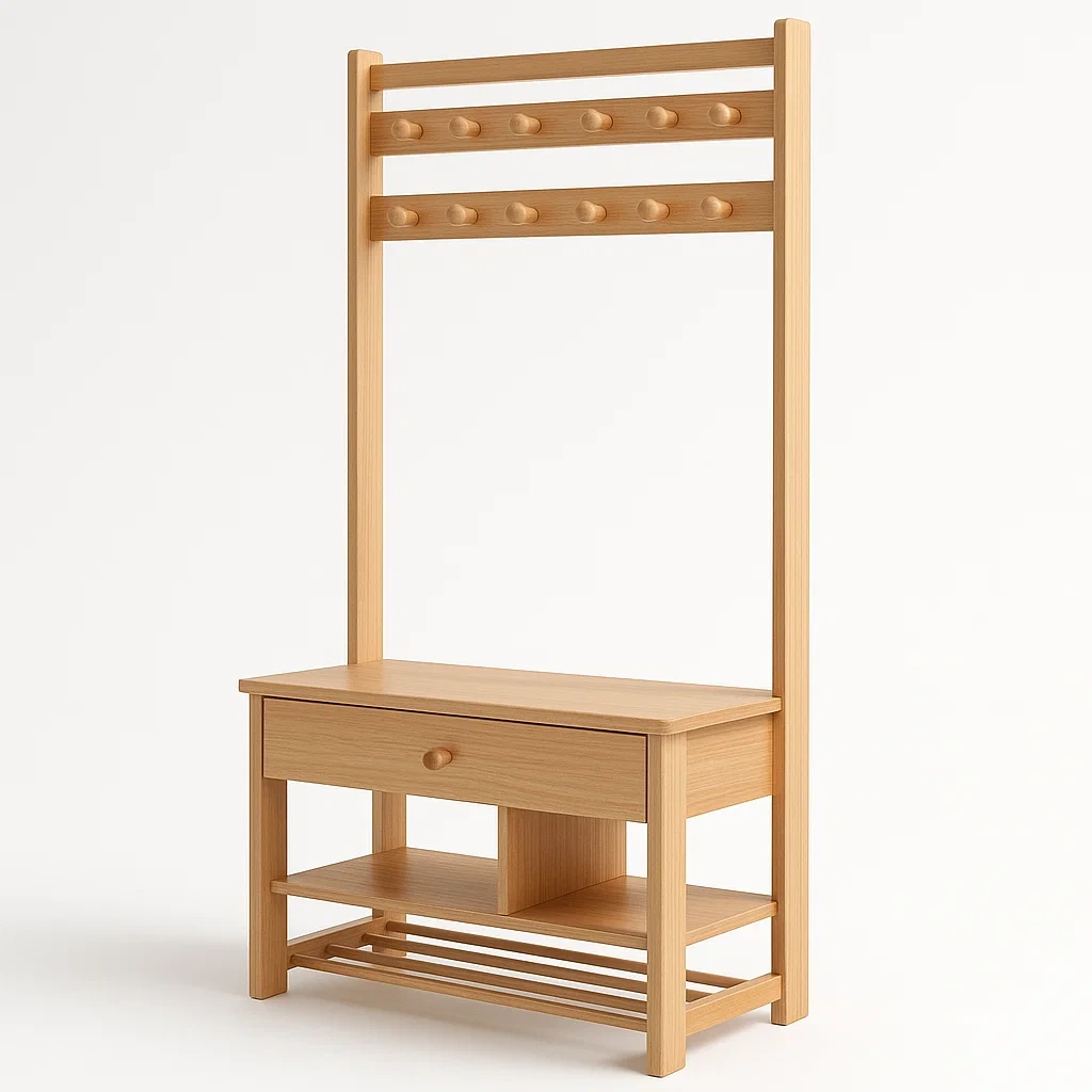 Perchero Madera Natural con Estante y Cajón-Homcrafty