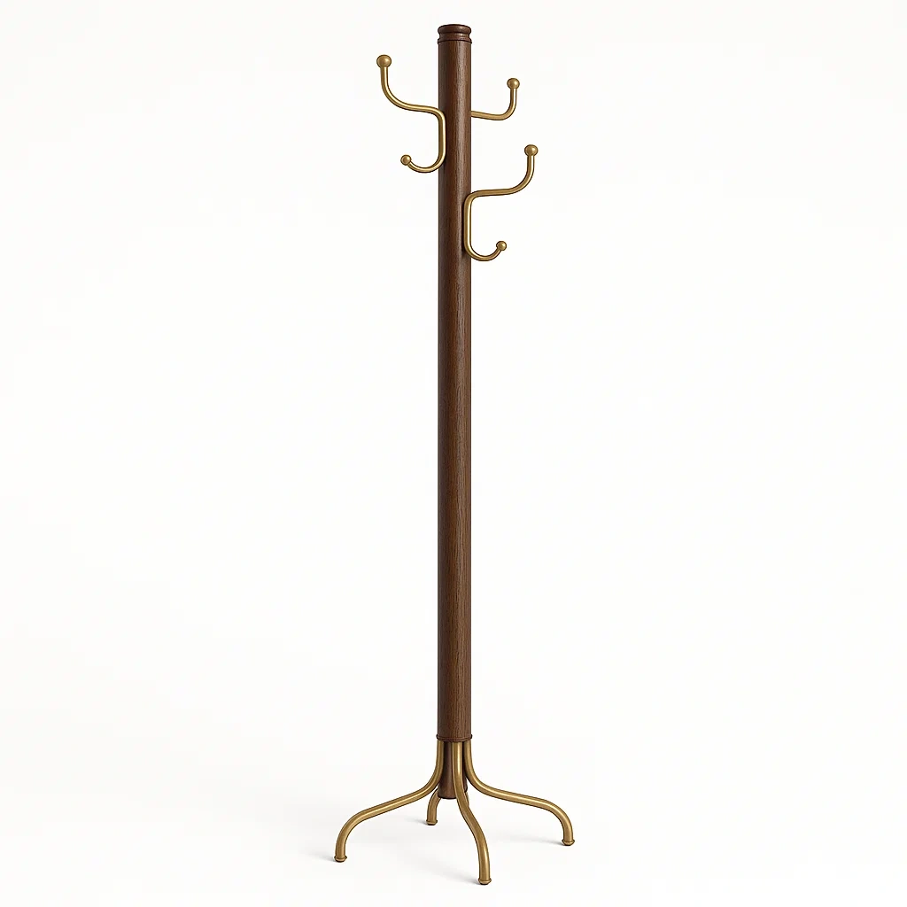 Perchero de Pie Madera y Metal Marrón y Dorado con 6 Ganchos-Homcrafty