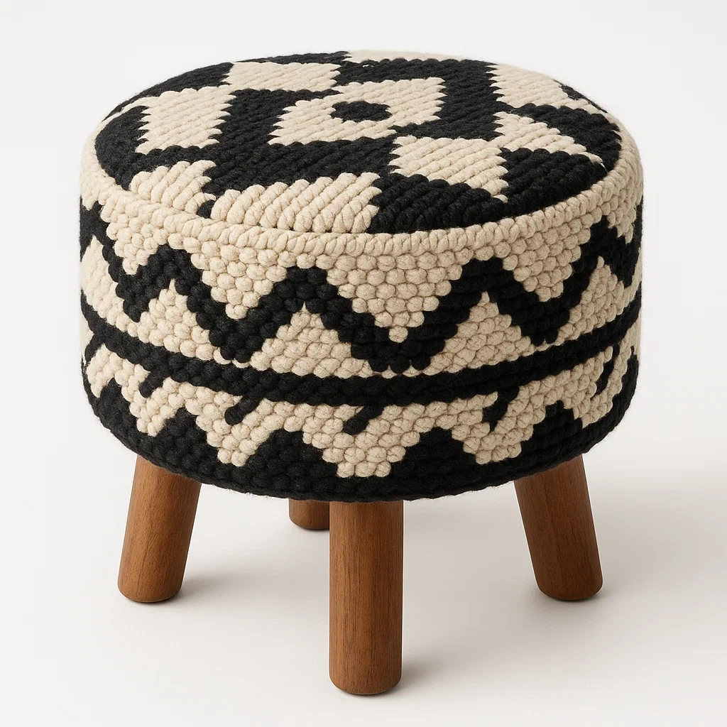 Taburete de tocador Redondo de Tejido de Algodón y Madera Negro y Beige-Homcrafty