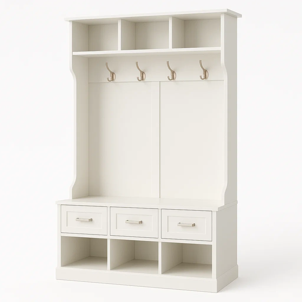 Perchero con banco Madera con Cajones y Estantes Blancos 182x122x37 cm-Homcrafty