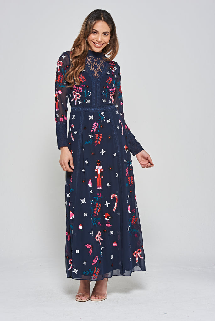 Navy Christmas Embroidered Maxi Dress with Lace Panels