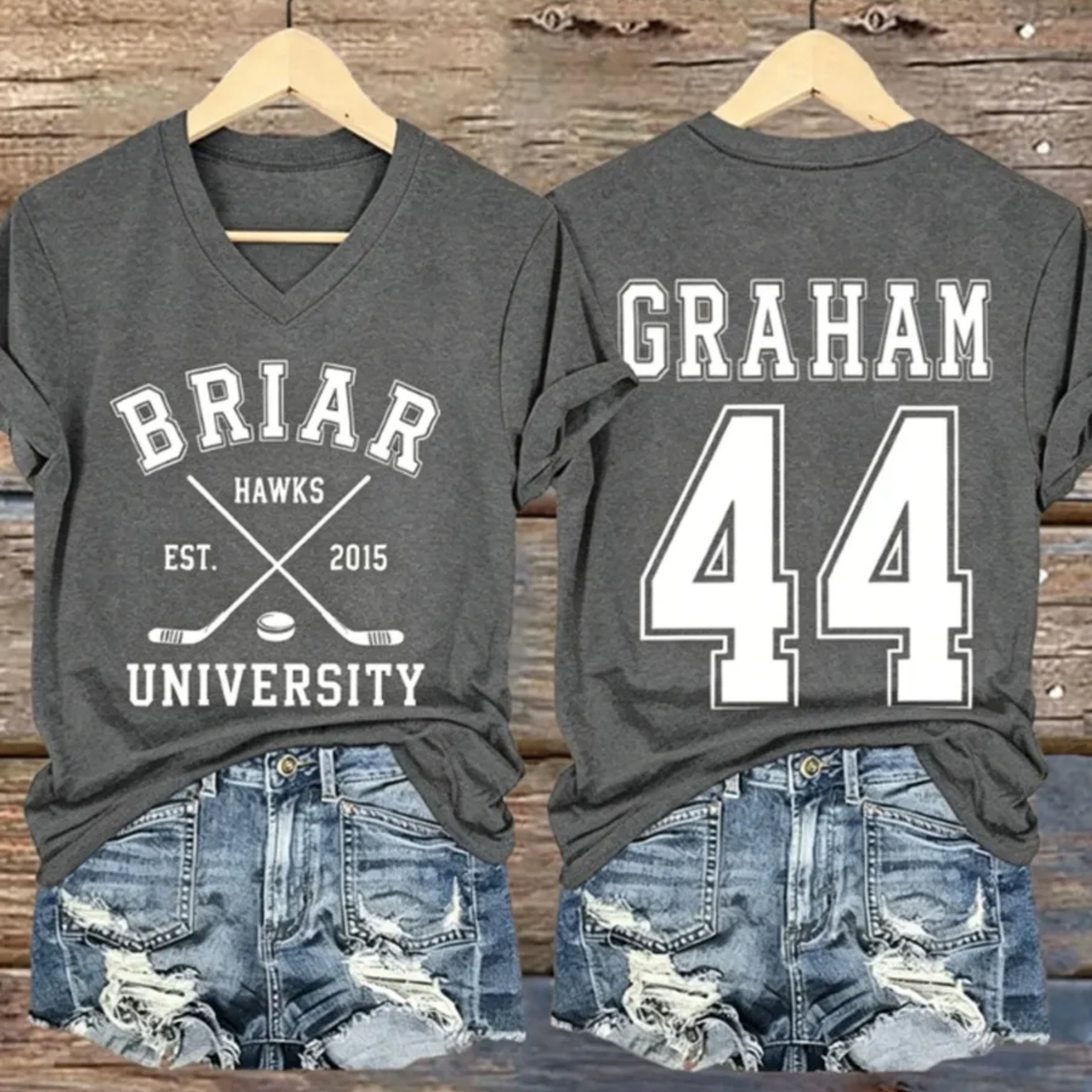 Women's Hockey Club Graphic Number 44 Print V-Neck Short Sleeve T-Shirt