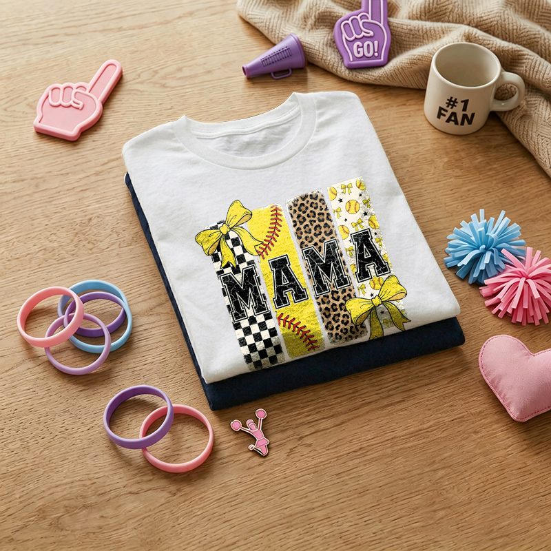 WOMEN'S Bowk Leopard Checkered Pattern MAMA Softball 100% Cotton T-Shirt