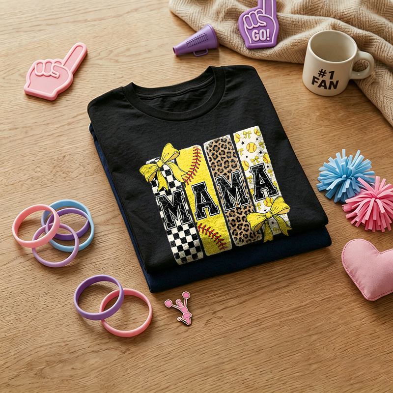 WOMEN'S Bowk Leopard Checkered Pattern MAMA Softball 100% Cotton T-Shirt