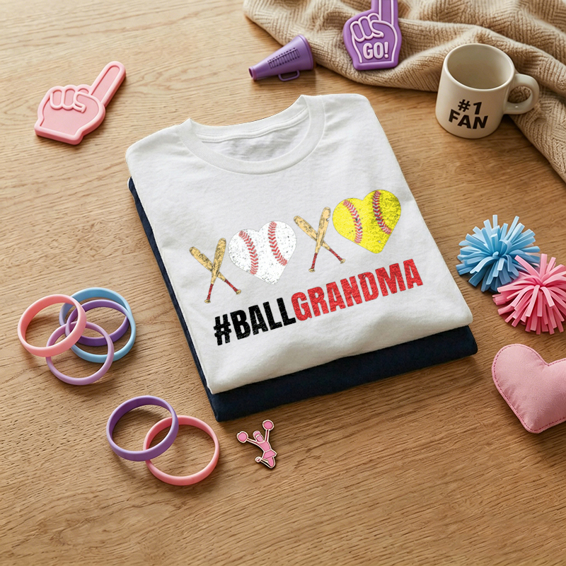 WOMEN'S Heart Shaped Balls Hugs and Kisses Softball Grandma 100% Cotton T-Shirt